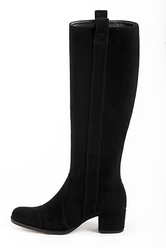 Custom-made women's matt black elegant riding knee-high boots. Round toe. Low block heels - Profile view